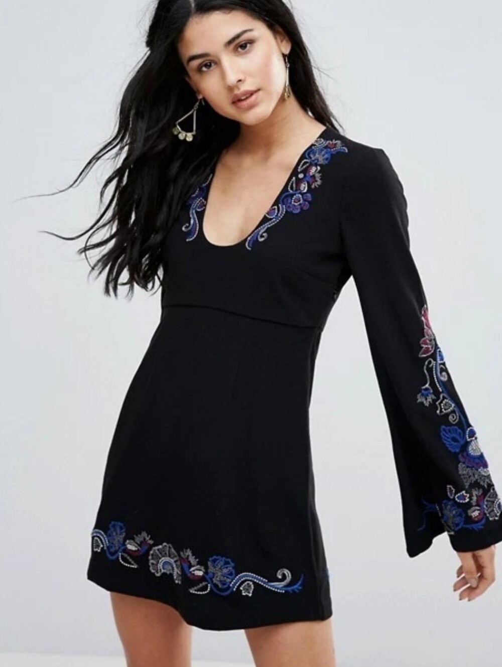 Free People Holiday Folk Mini Dress Women Size 6 Black Embroidered Bell Sleeve